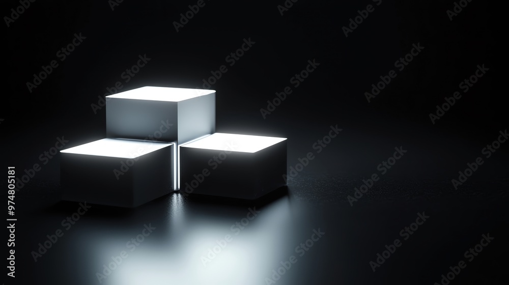 Minimalistic scene featuring illuminated cubes on a dark surface, creating a modern and abstract aesthetic for artistic use.