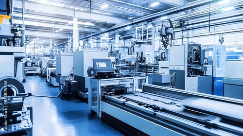 A modern factory interior showcasing advanced machinery and equipment in a well-lit environment photo