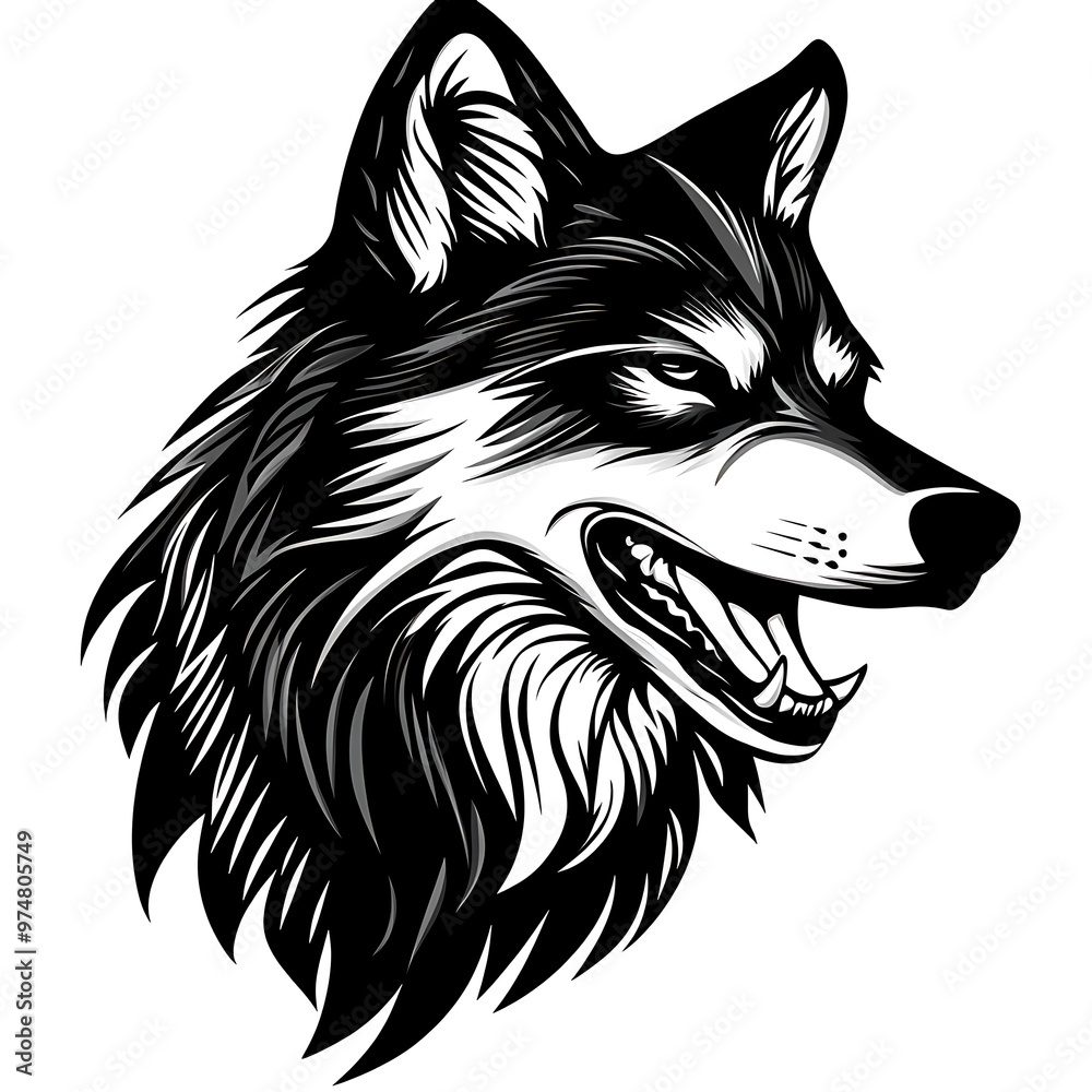 A detailed black and white illustration of a wolf's head with its fangs bared, showing a fierce and powerful expression.