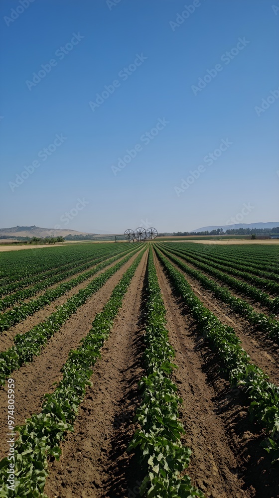 A picturesque landscape featuring rows of crops with a central pivot irrigation system visible, under a clear blue sky A picturesque landscape featuring rows of crops with a central pivot irrigation system visible, under a clear blue sky