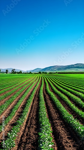 A picturesque landscape featuring rows of crops with a central pivot irrigation system visible, under a clear blue sky