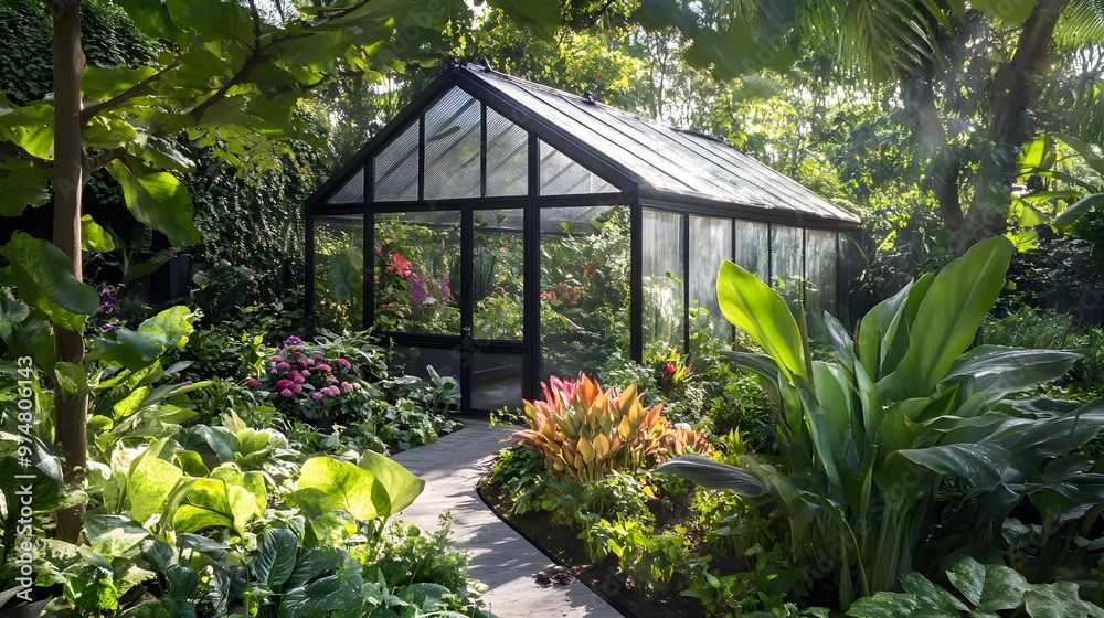 A modern greenhouse nestled in a lush garden with vibrant plants and flowers, bathed in natural light A modern greenhouse nestled in a lush garden with vibrant plants and flowers, bathed in natural light