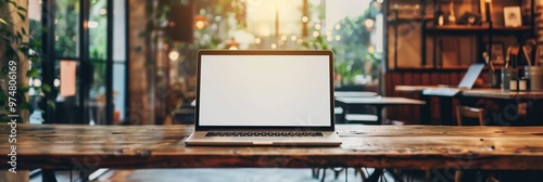 Modern laptop with blank white screen on rustic wooden table in cozy cafe interior, blending technology with warm ambiance and natural light.