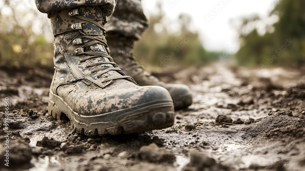 A close-up of military boots on rough terrain, emphasizing the ruggedness of military life A close-up of military boots on rough terrain, emphasizing the ruggedness of military life