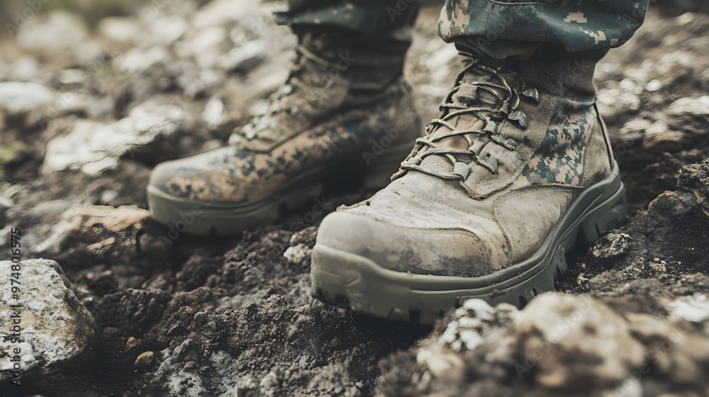 A close-up of military boots on rough terrain, emphasizing the ruggedness of military life A close-up of military boots on rough terrain, emphasizing the ruggedness of military life