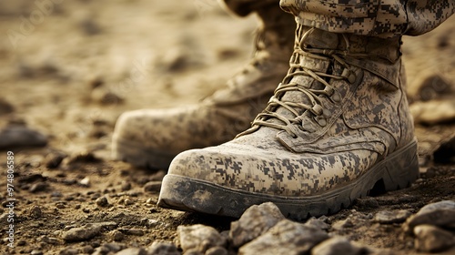 A close-up of military boots on rough terrain, emphasizing the ruggedness of military life photo