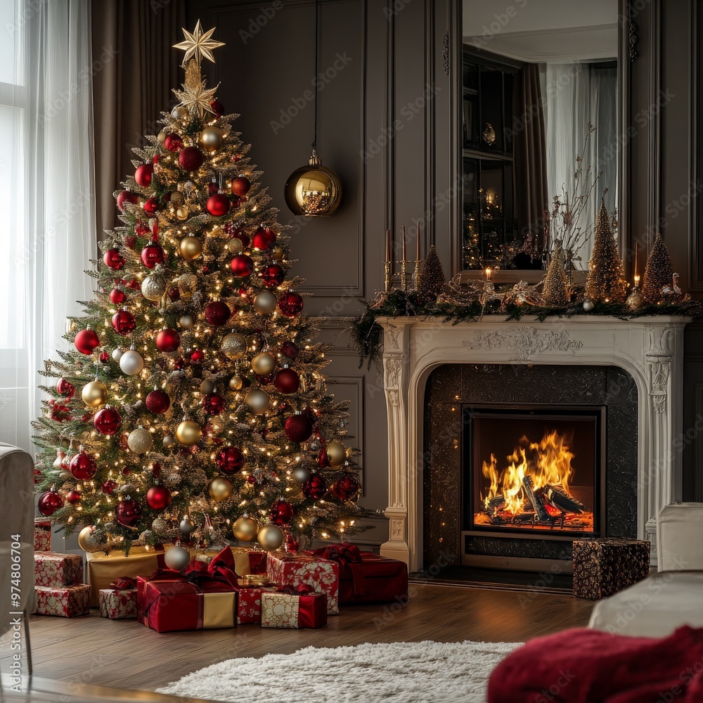 Close-up of a living room Christmas tree with gifts around it. Close-up of a living room Christmas tree with gifts around it.