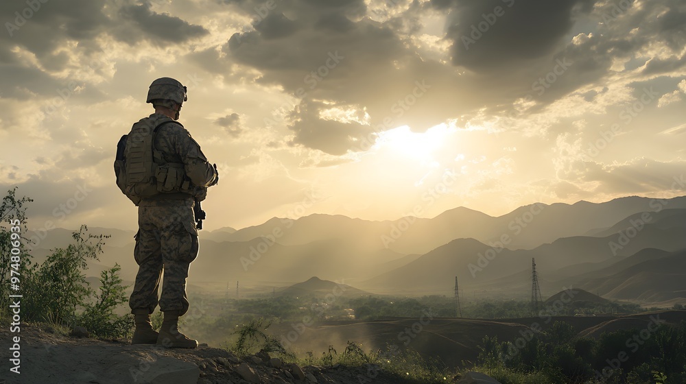 A soldier in full combat gear stands guard in a serene landscape, showcasing bravery and duty A soldier in full combat gear stands guard in a serene landscape, showcasing bravery and duty