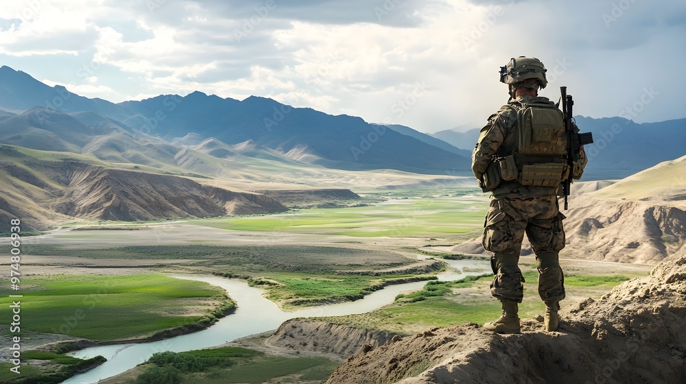 A soldier in full combat gear stands guard in a serene landscape, showcasing bravery and duty A soldier in full combat gear stands guard in a serene landscape, showcasing bravery and duty