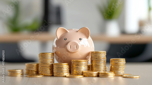 A piggy bank surrounded by stacks of gold coins symbolizes saving and financial growth. This image conveys sense of prosperity and importance of saving money for future needs photo