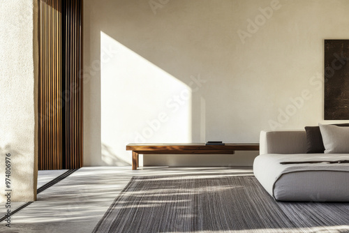 Modern minimalist interior design with neutral tones, wood accents and elegant furniture. Luxury interiors composition.