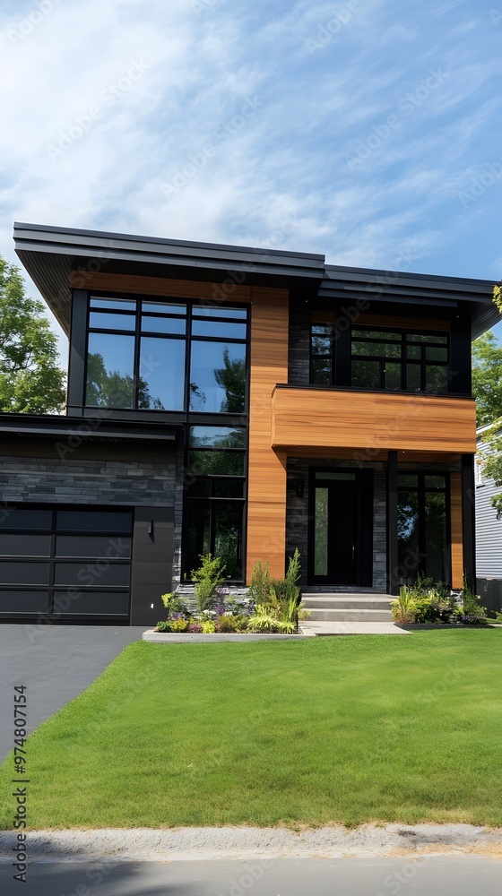 Modern two-story house with large windows, a black garage door, and wood accents Modern two-story house with large windows, a black garage door, and wood accents