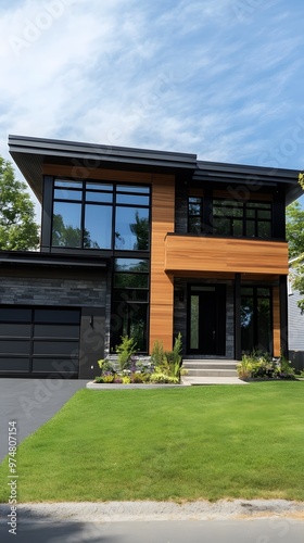 Modern two-story house with large windows, a black garage door, and wood accents