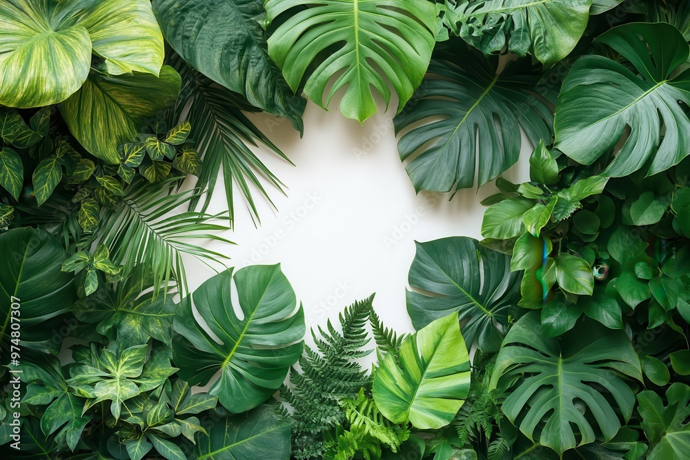 tropical jungle frame exotic plants and palm leaves white background lush green foliage botanical border design tropical jungle frame exotic plants and palm leaves white background lush green foliage botanical border design