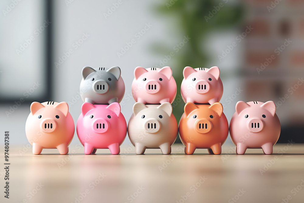 Stack of piggy banks, each representing different color and design, showcases playful and vibrant atmosphere. These charming figures symbolize savings and financial goals Stack of piggy banks, each representing different color and design, showcases playful and vibrant atmosphere. These charming figures symbolize savings and financial goals