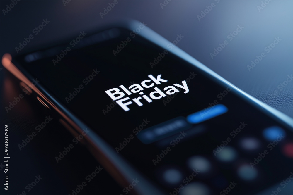 cell phone with the word Black Friday written on it. The phone is turned off and is laying on a table cell phone with the word Black Friday written on it. The phone is turned off and is laying on a table