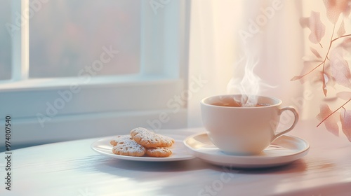 Wallpaper Mural A cozy kitchen scene with a steaming cup of herbal tea and a small plate of cookies, set against a soft pastel background that enhances the warmth of the moment Torontodigital.ca