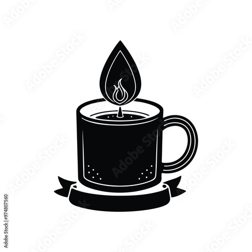 A burning candle in a glass mug black silhouette vector illustration