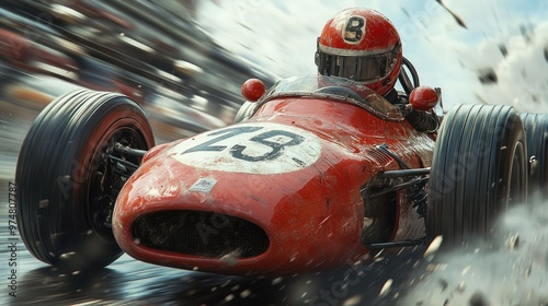 A vintage race car speeding through a dynamic, action-packed scene. photo