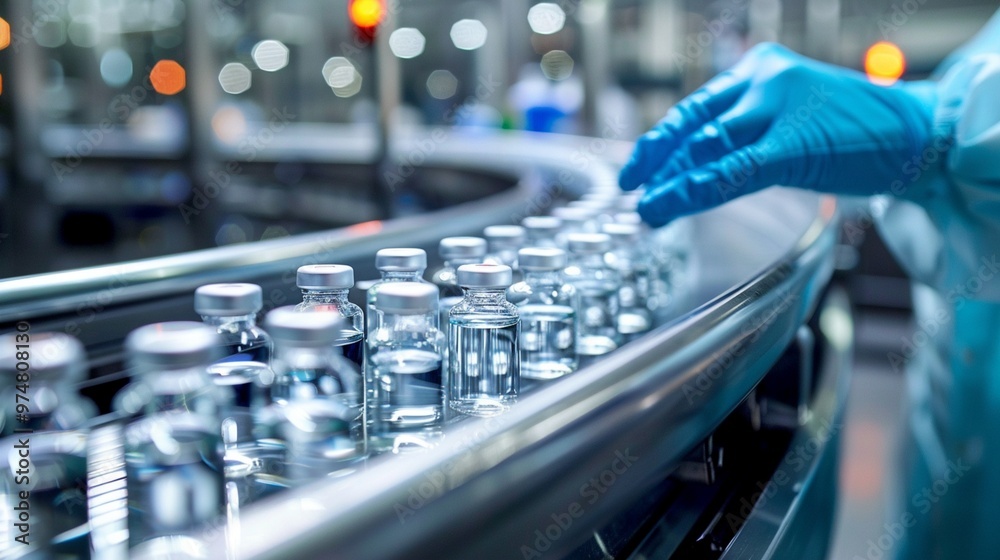 Pharmaceutical production line with glass vials moving on conveyor belt as gloved hand inspects. High-tech manufacturing facility for medicine and vaccine development. Pharmaceutical production line with glass vials moving on conveyor belt as gloved hand inspects. High-tech manufacturing facility for medicine and vaccine development.
