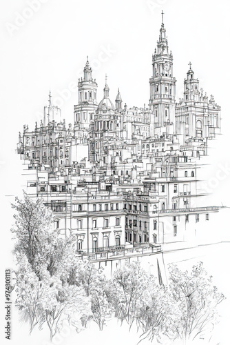 Paysand, Uruguay, black and white pen pencil hand-drawn effect portrait drawing illustration for travel poster, card, wallpaper, backdrop or banner. Modern, clear, artistic and simple