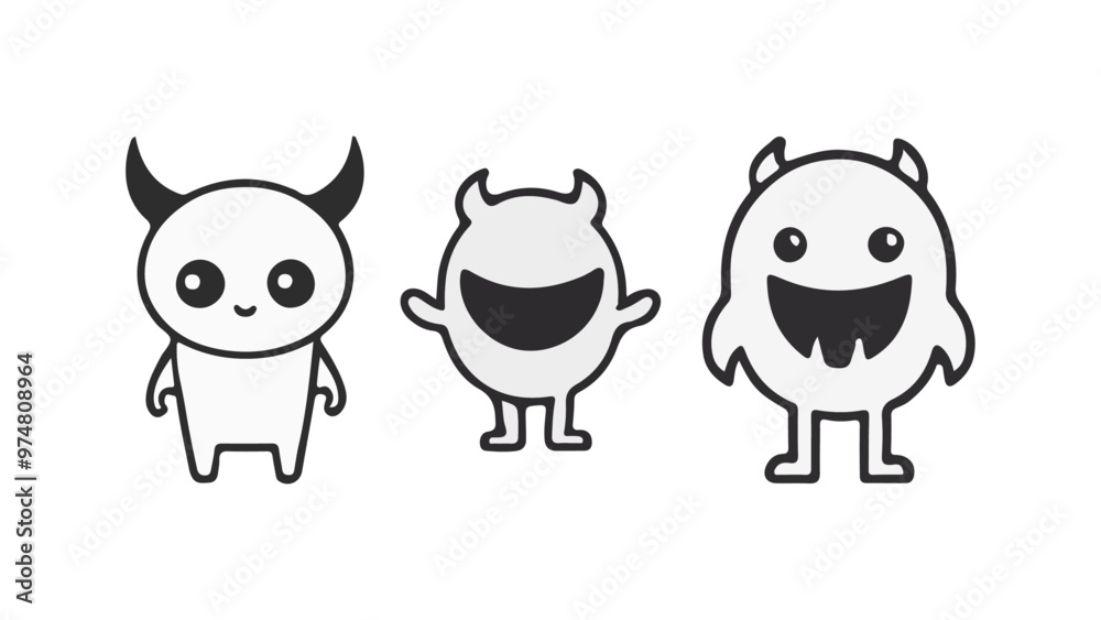 set of simple happy monster illustrations set of simple happy monster illustrations