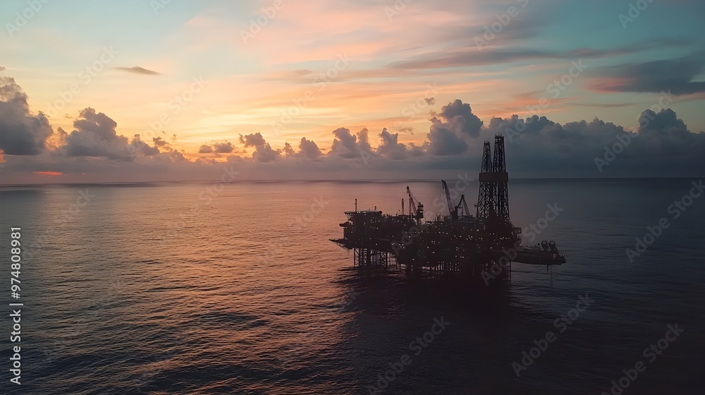 Aerial view of an oil rig in the ocean during sunset, showcasing the calm waters and a colorful sky