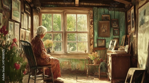 Elderly Woman Sitting in a Room with a Window and Many Paintings on the Walls