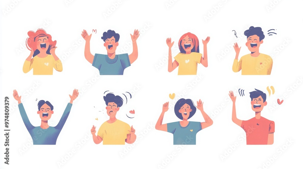 A set of characters in different emotional states, such as joy, frustration, and wonder, with clean, sharp lines and minimalist gestures, white background A set of characters in different emotional states, such as joy, frustration, and wonder, with clean, sharp lines and minimalist gestures, white background
