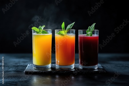 Three colorful drinks with mint leaves, showcasing vibrant colors and refreshing appeal.