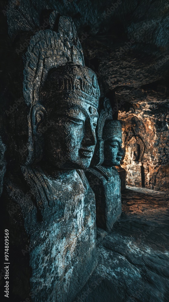 Ancient stone sculptures depicting serene figures inside a dimly lit cave, showcasing intricate details and craftsmanship. Ancient stone sculptures depicting serene figures inside a dimly lit cave, showcasing intricate details and craftsmanship.