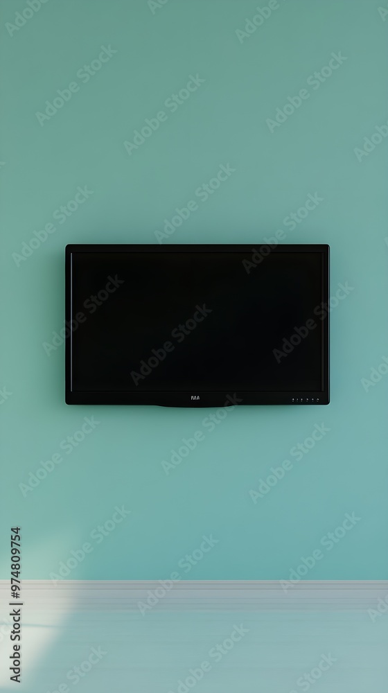 A flat-screen television mounted on a minimalist wall with a soft light solid color background A flat-screen television mounted on a minimalist wall with a soft light solid color background