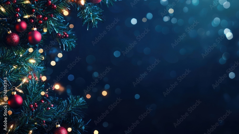 Dark blue background adorned with festive bokeh lights and a Christmas garland Dark blue background adorned with festive bokeh lights and a Christmas garland
