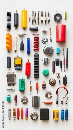 An assortment of colorful resistors, capacitors, and other electronic components artistically arranged on a light solid color background