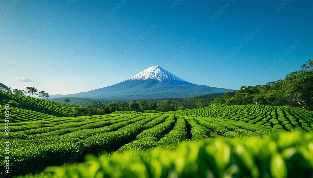 Obraz premium A breathtaking landscape with vast green tea fields in the foreground, gently sloping toward