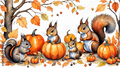Wallpaper Mural A whimsical illustration of squirrels interacting with pumpkins amidst autumn leaves. Torontodigital.ca