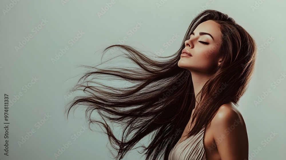 A confident woman with long flowing hair, wearing a stylish dress, standing against a light solid color background A confident woman with long flowing hair, wearing a stylish dress, standing against a light solid color background