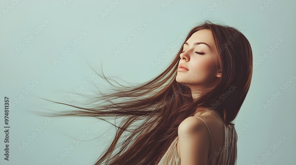 A confident woman with long flowing hair, wearing a stylish dress, standing against a light solid color background A confident woman with long flowing hair, wearing a stylish dress, standing against a light solid color background
