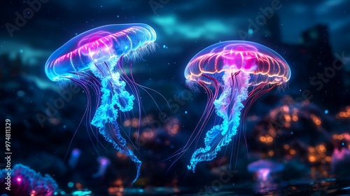 Bioluminescent Jellyfish Swimming in Neon Blue and Pink Water