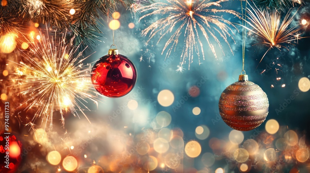Festive Christmas decorations and New Year fireworks on a celebratory background Festive Christmas decorations and New Year fireworks on a celebratory background