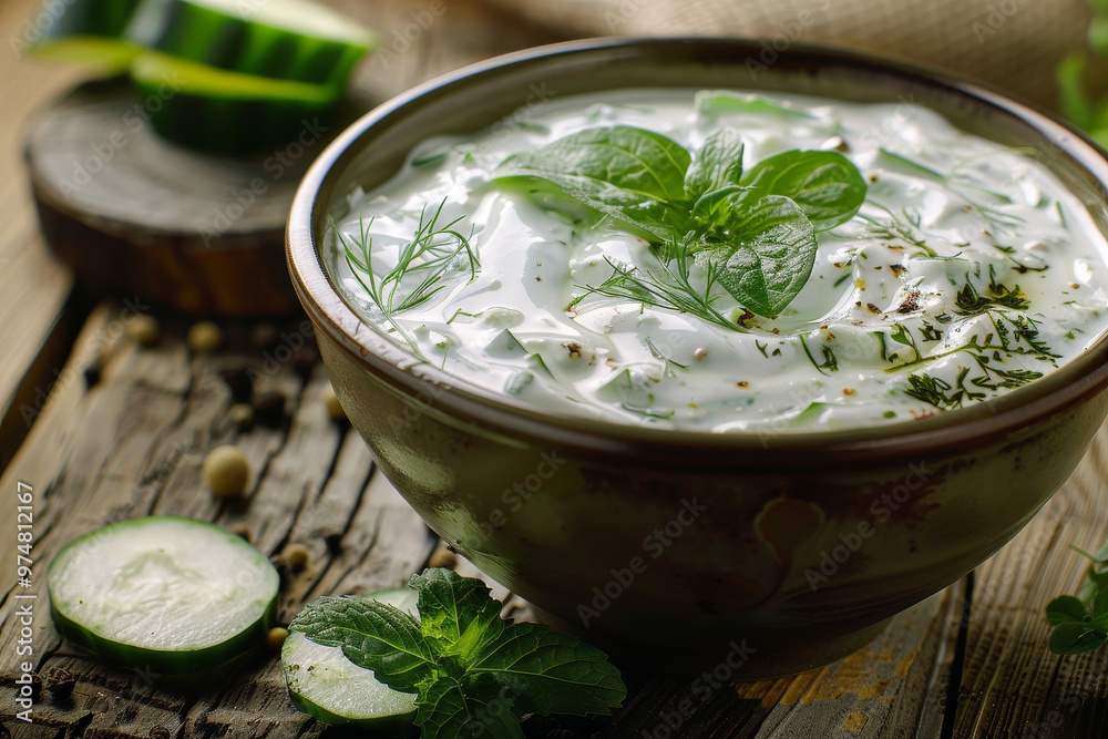 A bowl of white yogurt with green herbs and cucumber slices A bowl of white yogurt with green herbs and cucumber slices