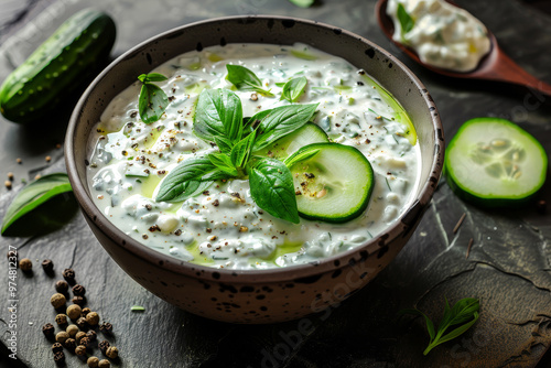 A bowl of soup with cucumbers and parsley on top