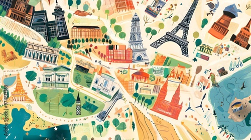 A detailed travel map featuring intricate routes and landmarks in vibrant colors on a light solid background