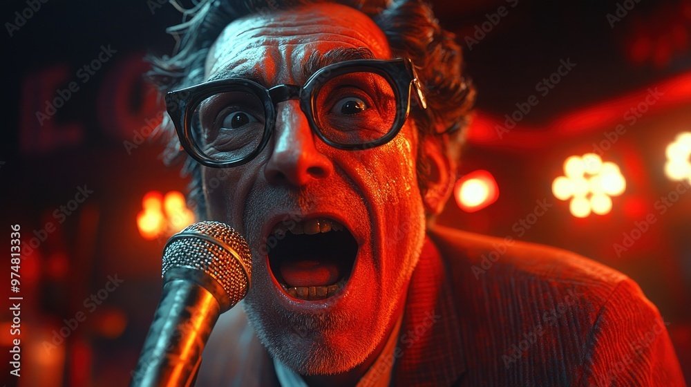 A performer passionately singing into a microphone on stage. A performer passionately singing into a microphone on stage.