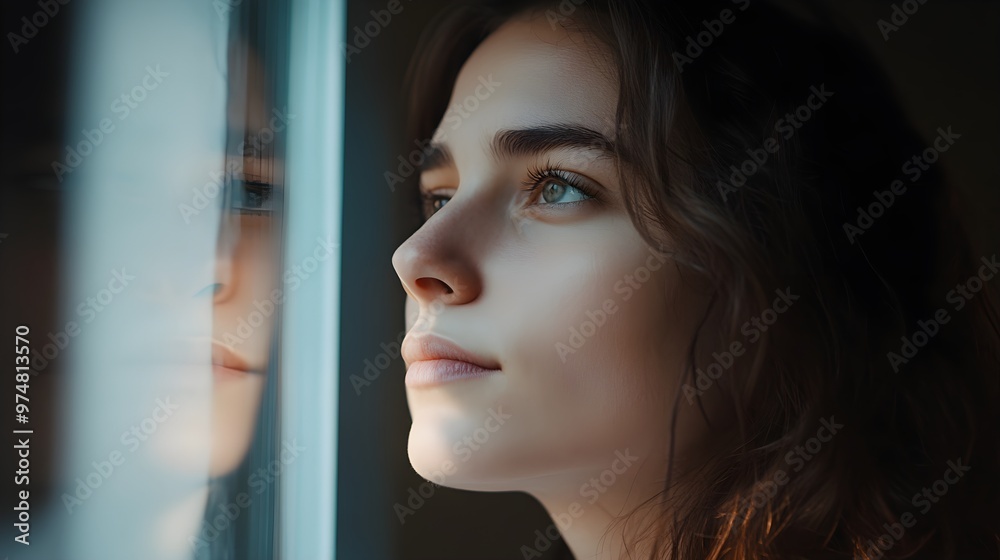 A thoughtful individual gazing out of a window with a reflective expression, highlighting emotions against a minimalist backdrop A thoughtful individual gazing out of a window with a reflective expression, highlighting emotions against a minimalist backdrop