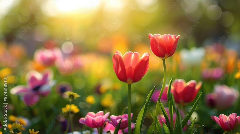 Beautiful pink and red tulips bloom in a sunlit garden, surrounded by vibrant spring flowers and warm golden light. Beautiful pink and red tulips bloom in a sunlit garden, surrounded by vibrant spring flowers and warm golden light.