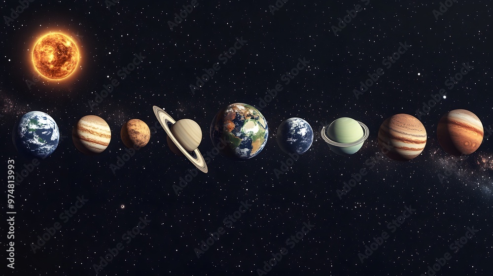 Fototapeta premium Planets Aligned in Dark Sky, Pattern Background, Wallpaper, Cover and Screen for Smartphone, PC, Laptop, 9:16 and 16:9 Format