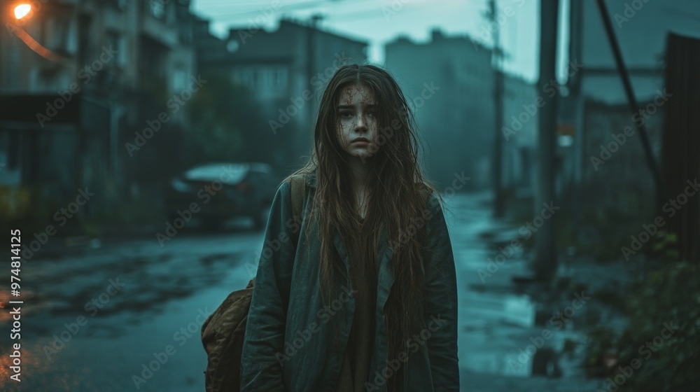 Young woman standing in moody urban street at dusk, expression of resilience and solitude