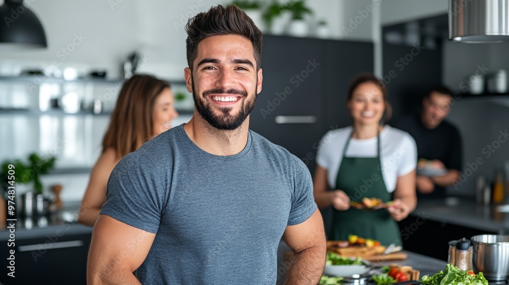 Happy Man Smiling in Kitchen with Friends Cooking