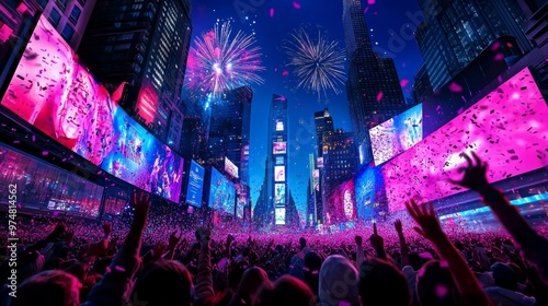 New Year s Eve Celebration in Times Square with Fireworks and Confetti photo